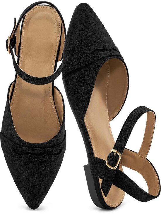Shoes - Women's Black Slingback Closed Pointed Toe Comfortable Dressy Flat Casual Shoes